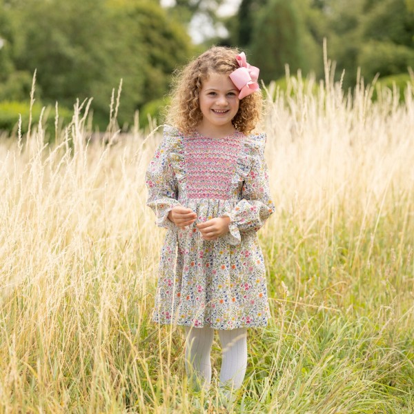Anna Pavlova Dress Secret Garden Linen with Sweet William Hand Smocking